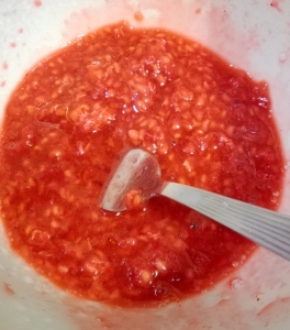 Frozen raspberries - thawed and mashed with a fork